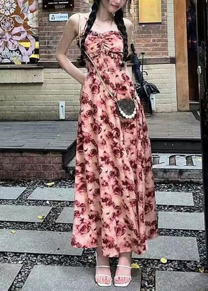 Sexy Red Ruffled Lace Up Print Cotton Long Dresses Sleeveless AZ1050 shopify