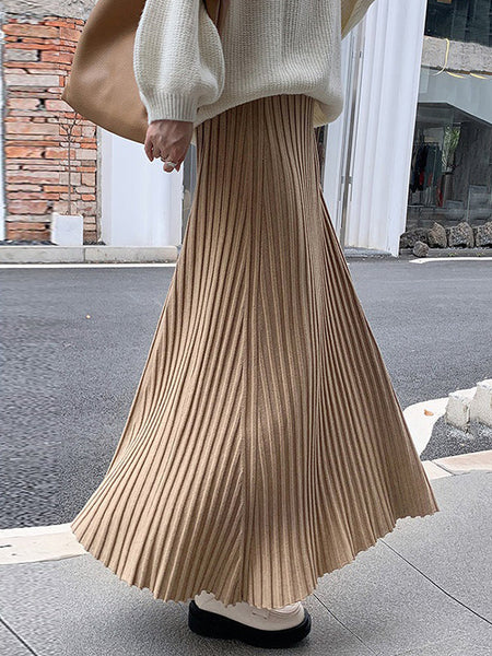 Brief Khaki High Waisted Pleated Striped A-Line Knit Skirt TW006 ABC