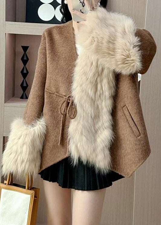 Elegant Caramel Fox Collar Patchwork Tie Waist Woolen Coats Fall RY016 ABC