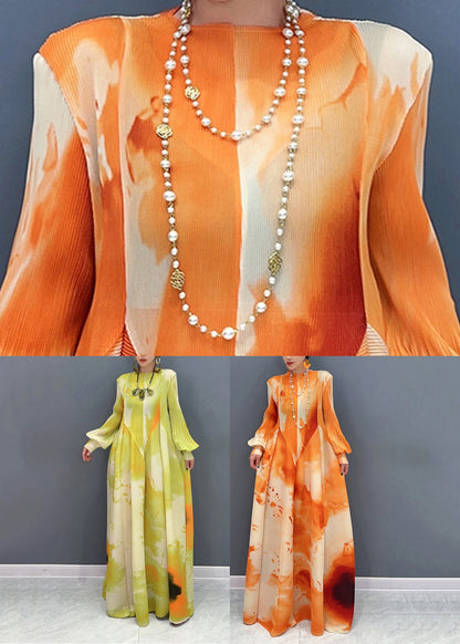 Chic Chiffon Stand Spring Long Orange Dress Wrinkled Collar FashionChic