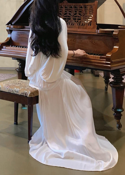 Dresses Neck White Wrinkled Sleeve Batwing Solid Women V FashionChic