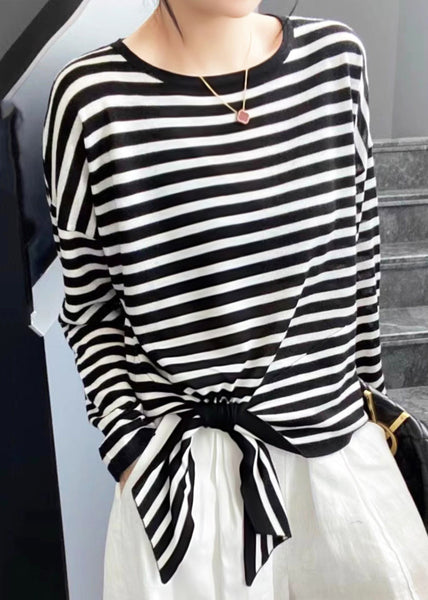 Spring O T Lace Striped Black Up Loose Neck Cotton Shirt FashionChic