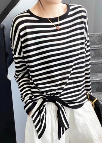 Spring O T Lace Striped Black Up Loose Neck Cotton Shirt FashionChic