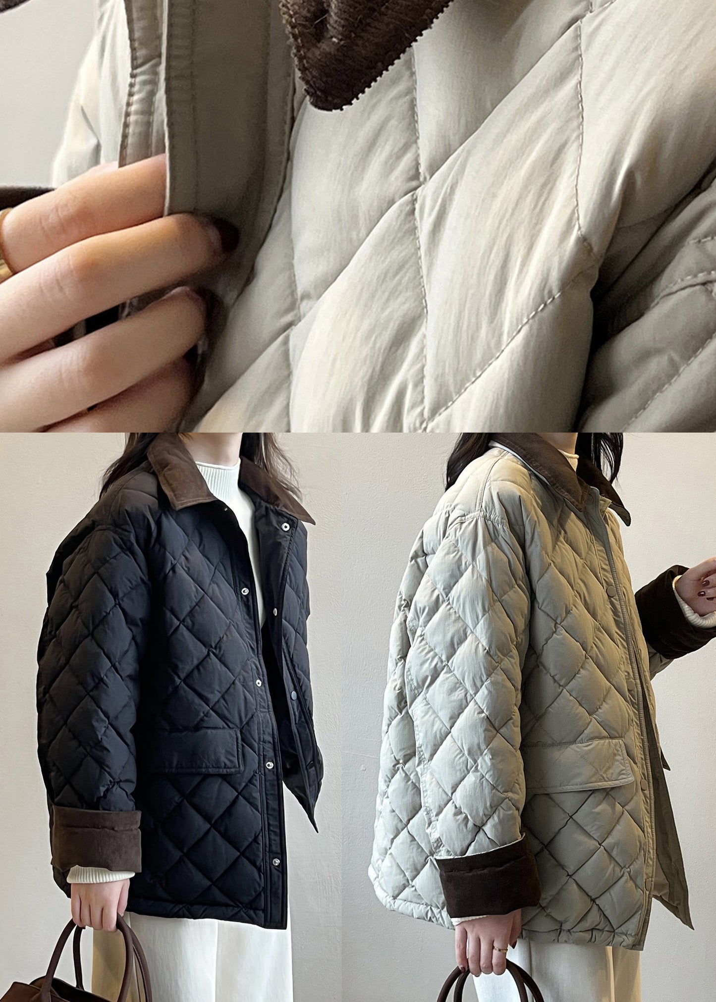 Beautiful Grey Peter Pan Collar Corduroy Duck Down Puffer Jacket Winter AF1060 HS-DJK240914