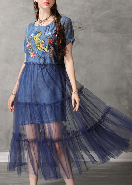 Classy Blue O-Neck Embroidered Tulle Patchwork Long Denim Dresses Short Sleeve NN020 shopify