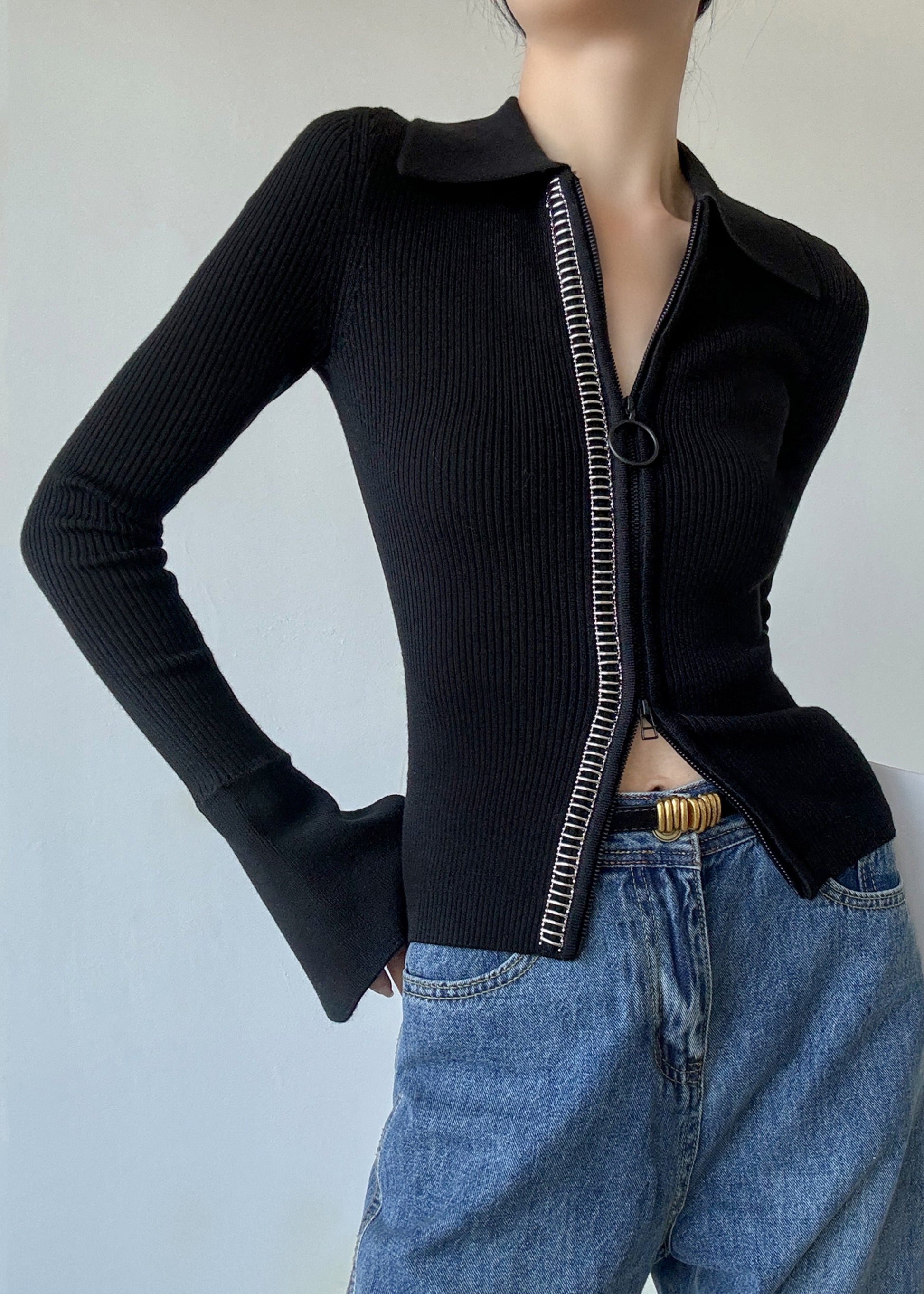 Italian Black Peter Pan Collar Zip Up Patchwork Woolen Sweaters Winter RV028 ABC