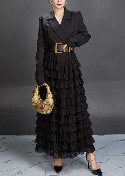 New Black Notched Ruffled Spandex Long Dresses Fall AJ1019 JDML-240909