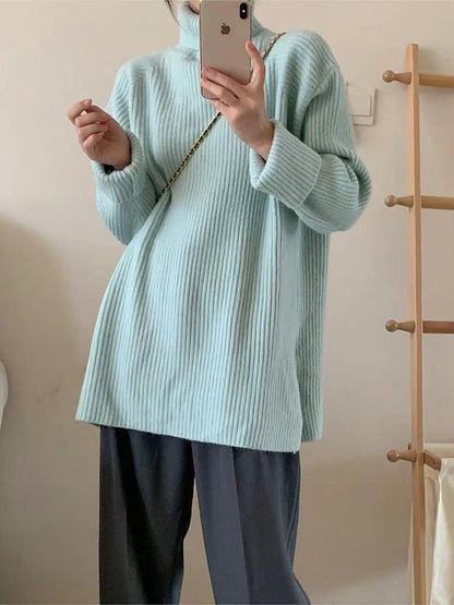 Simple Blue High Neck Split-Side Long Sleeve Sweater QX013 shopify