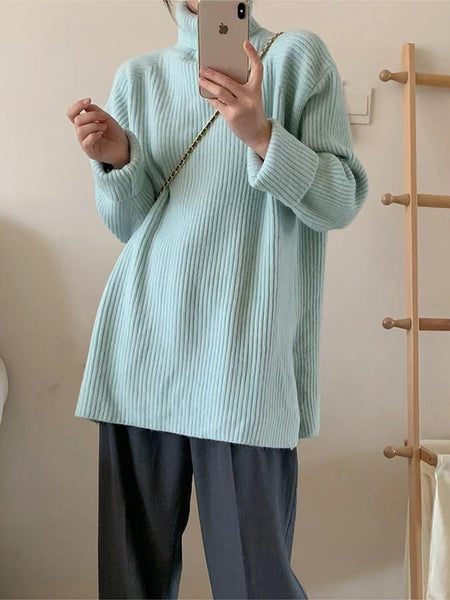 Simple Blue High Neck Split-Side Long Sleeve Sweater QX013 shopify