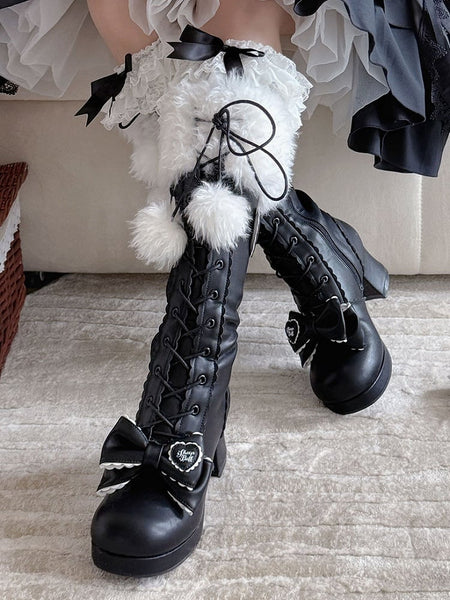 PU Plush Collar with Lolita Design Boots Heeled Black - Sweet FashionChic