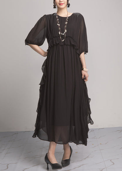 Handmade Green O-Neck Ruffled Wrinkled Vacation Chiffon Maxi Dresses Lantern Sleeve AO1027 JDML-FDL240909
