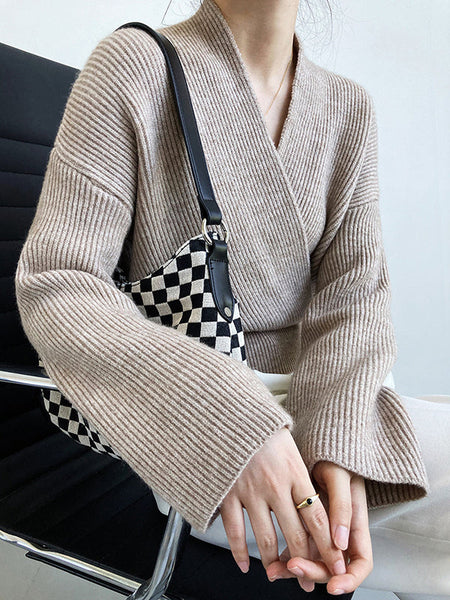 French Grey Cross V-Neck Long Sleeve Sweater QX012 shopify