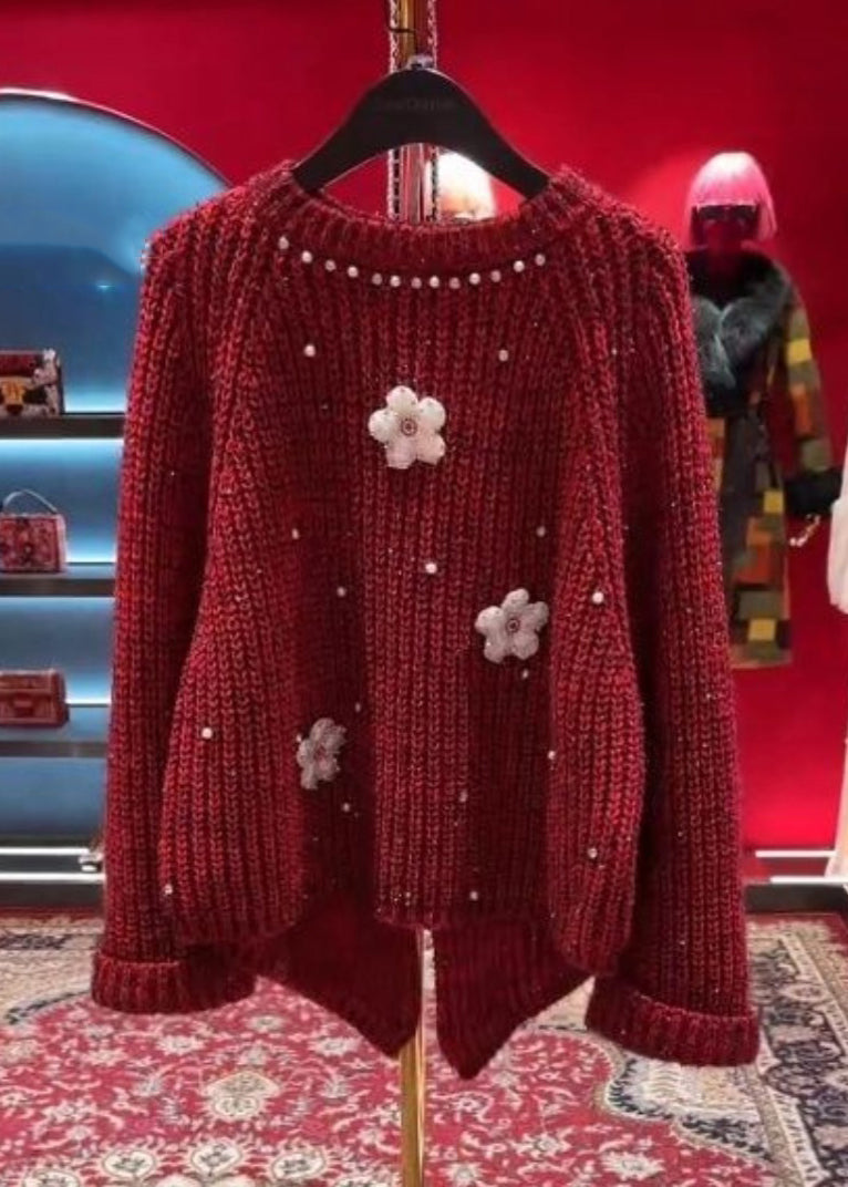 Stylish Red O-Neck Floral Nail Bead Thick Cotton Knit Sweater Tops Winter WD037 OL-NTP241103