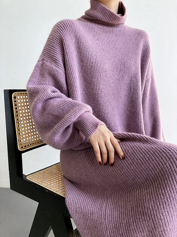 Urban Loose Purple High-Neck Long Puff Sleeve Sweater Dress AN1052 Genistyle Shop