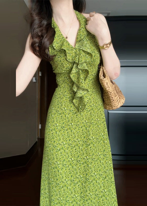 New Ruffled Print Dress Cotton Green Sleeveless Long FashionChic