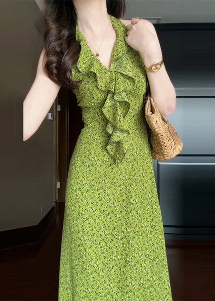 New Ruffled Print Dress Cotton Green Sleeveless Long FashionChic