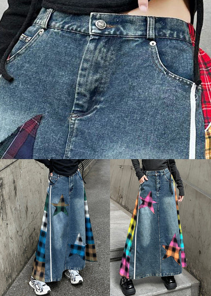 High Loose Waist Plaid Patchwork Spring Blue Skirt Denim FashionChic