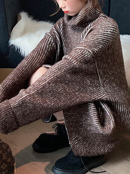 Design Loose Blue Contrast Color High-Neck Long Sleeve Sweater AN1054 Genistyle Shop