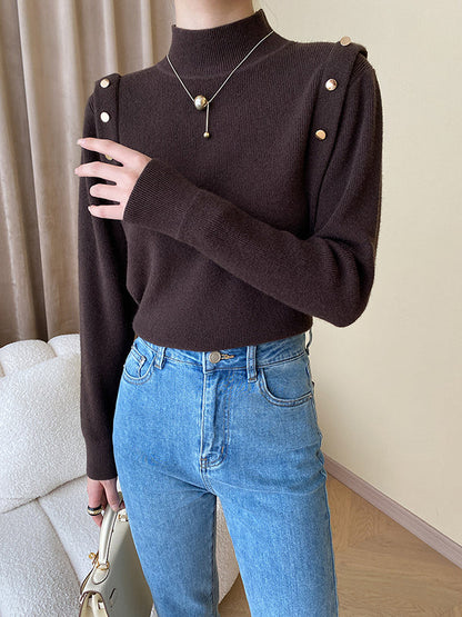 Elegant Grey High-Neck Buttoned Decor Long Sleeve Knit Sweater AN1050 Genistyle Shop