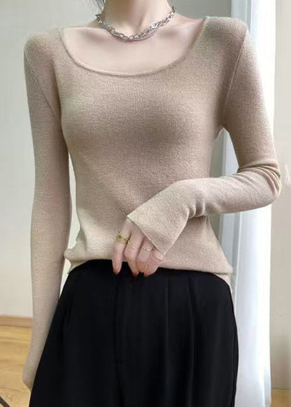 Slim Fit Light Camel O Neck Solid Wool Knit Top Fall QX026 shopify