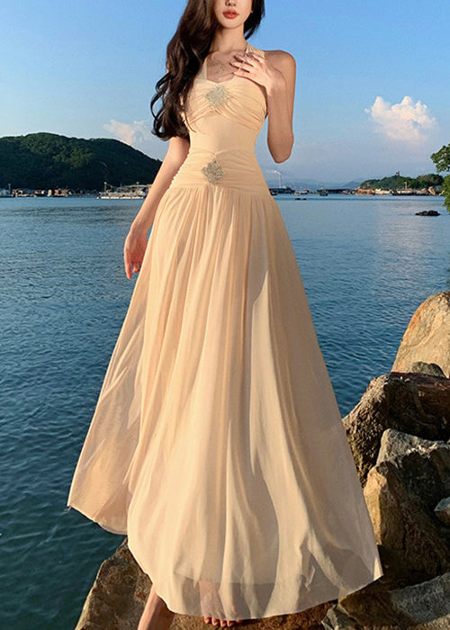 Dresses Waist Wrinkled High Long Cotton Summer Apricot FashionChic