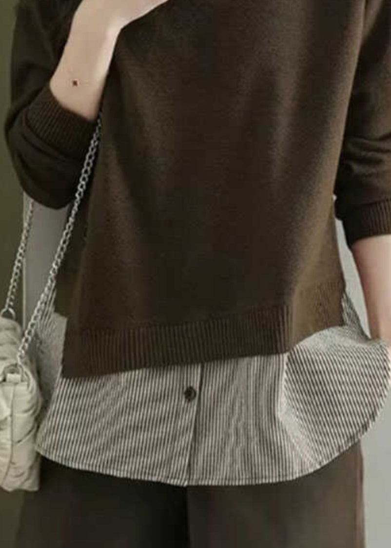 Natural Coffee Peter Pan Collar Patchwork Fake Two Pieces Wool Knit Shirt Fal WD038 OL-NTP241103