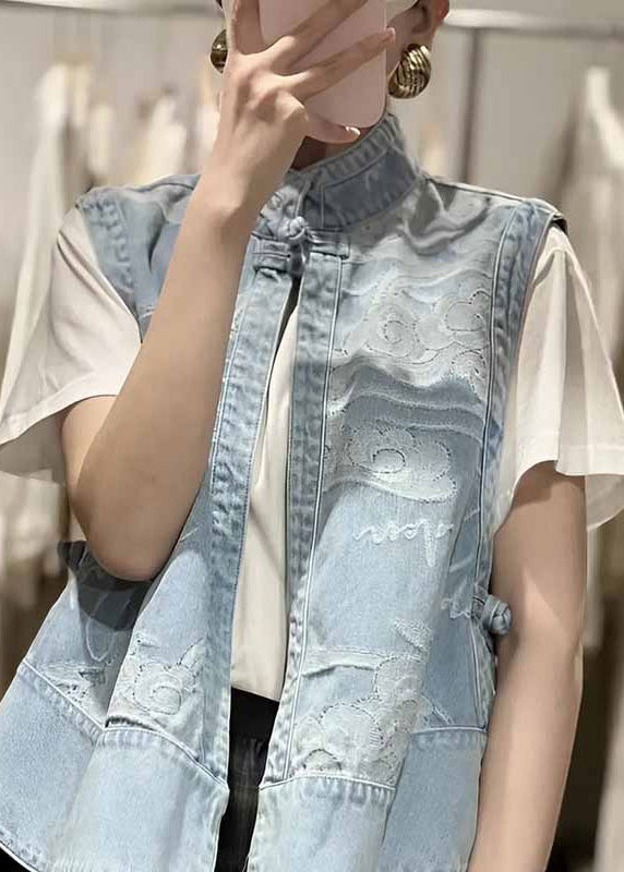 Chinese Style Blue Stand Collar Print Patchwork Low High Design Denim Waistcoat Summer NN035 shopify