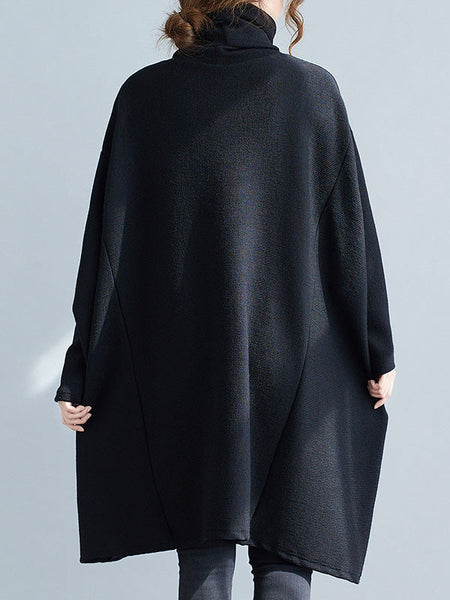 Casual Loose Black Heaps Collar Pockets A-line Long Sleeve Sweater AN1065 Genistyle Shop