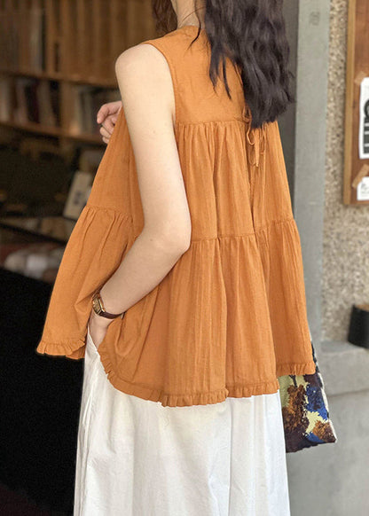 Loose Orange Wrinkled Lace Up Cotton Top Sleeveless AF1089 HS-STP240914