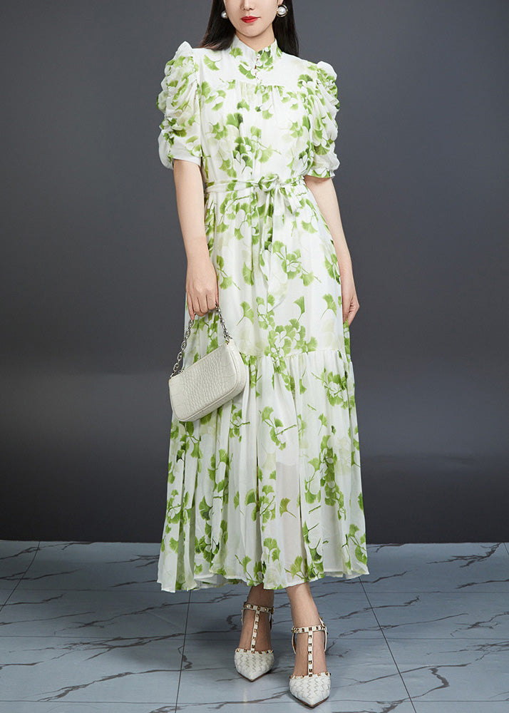 Bohemian Green Wrinkled Print Tie Waist Chiffon Dress Summer AJ1002 JDML-240909