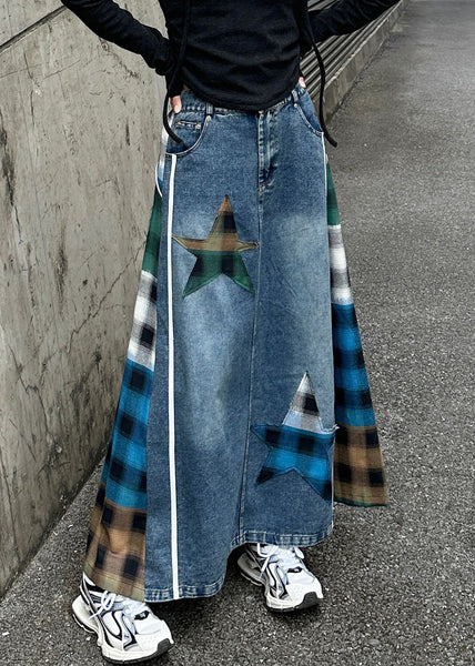 High Loose Waist Plaid Patchwork Spring Blue Skirt Denim FashionChic