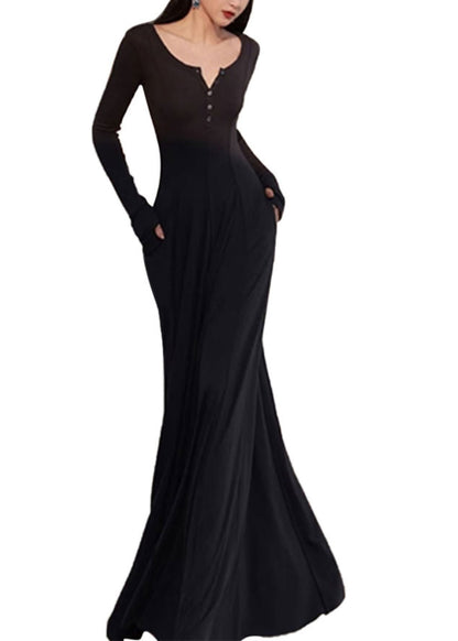 V Spring New Long Fit Black Dress Slim Simple Neck Cotton FashionChic