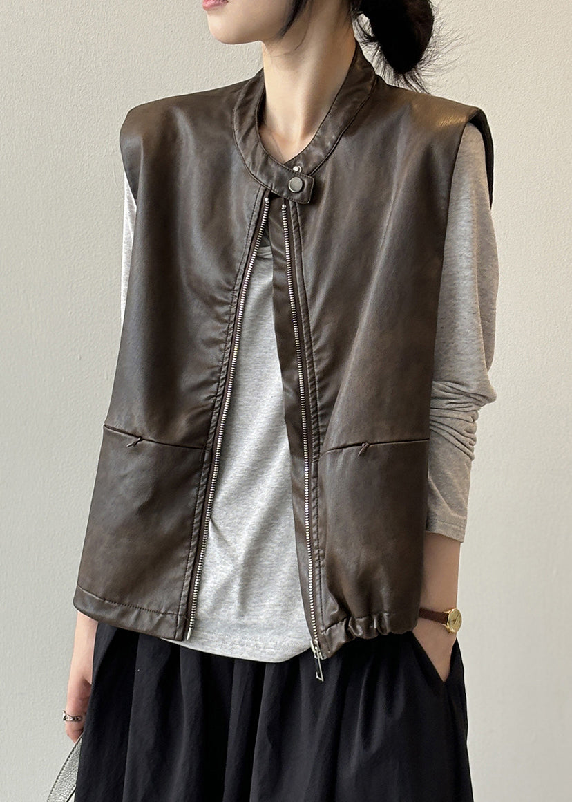 Style Coffee Zip Up Faux Leather Vest Tops Sleeveless WD014 HS-VTP241103