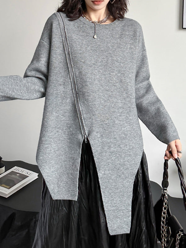 Street Grey Round-neck Zipper Decor Irregular High-low Hem Long Sleeve Sweater AN1067 Genistyle Shop