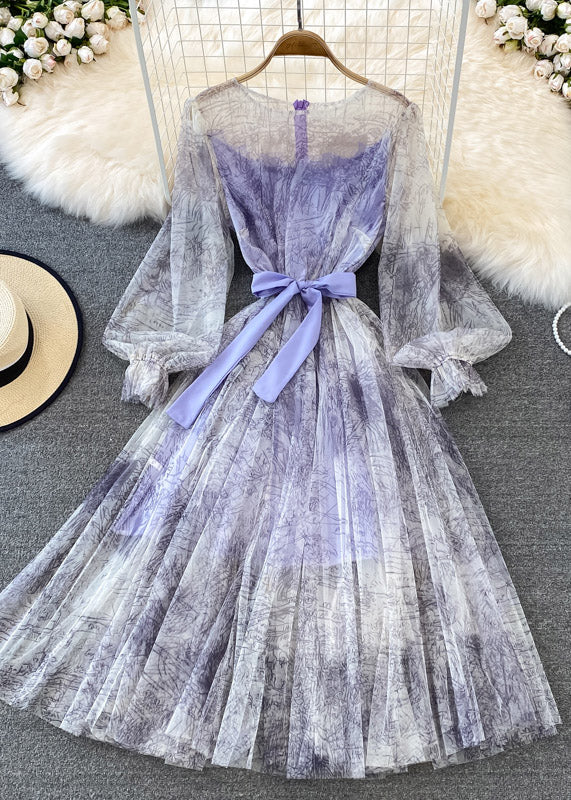 Purple O-Neck Bow Tulle Long Dress Puff Sleeve AJ1038 shopify