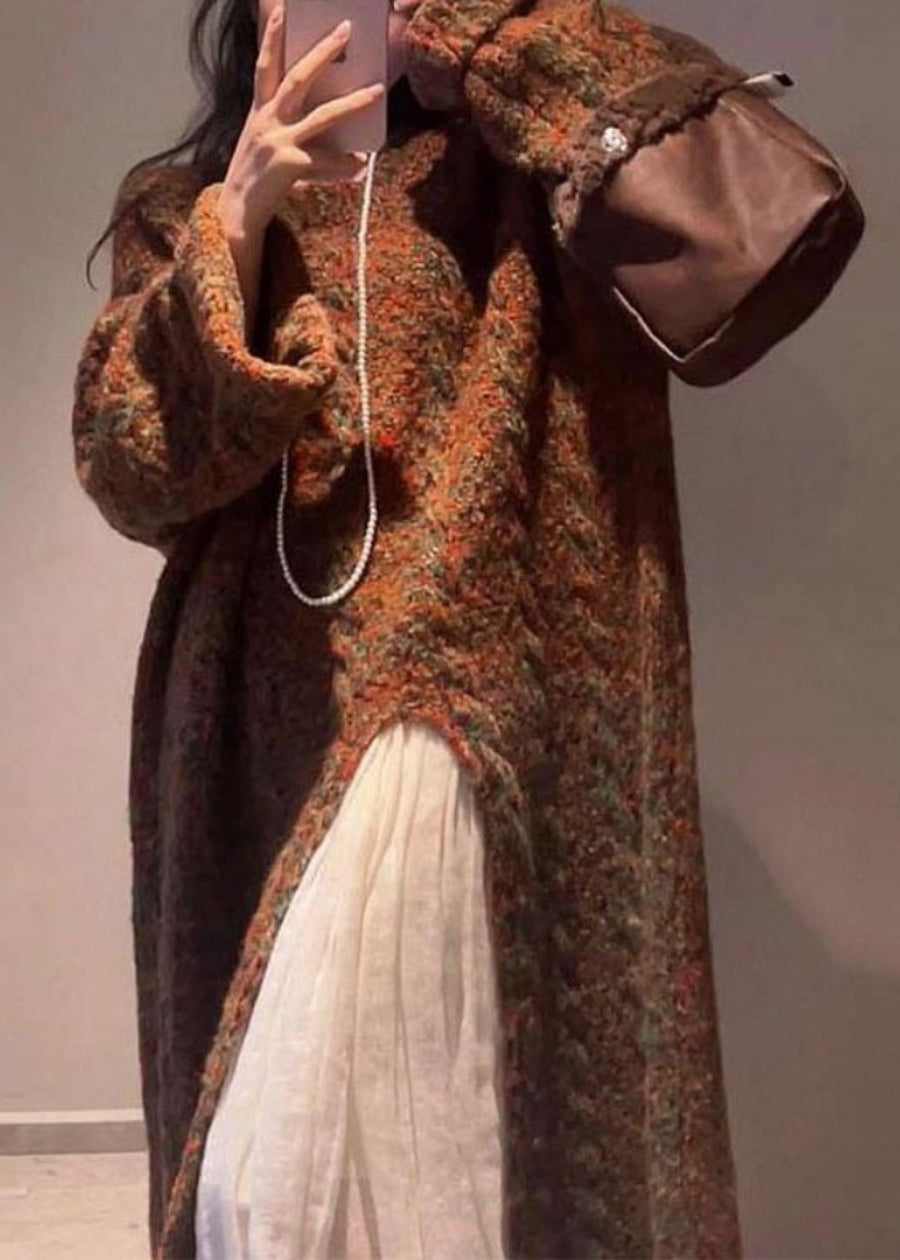 Handmade Coffee O-Neck Asymmetrical Cotton Knit Long Sweaters Winter WV024 ABC