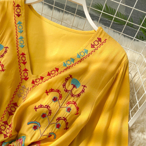 Ethnic Yellow V-Neck Embroidery Drawstring Waist Trumpet Sleeve Dress AR1008 shopify
