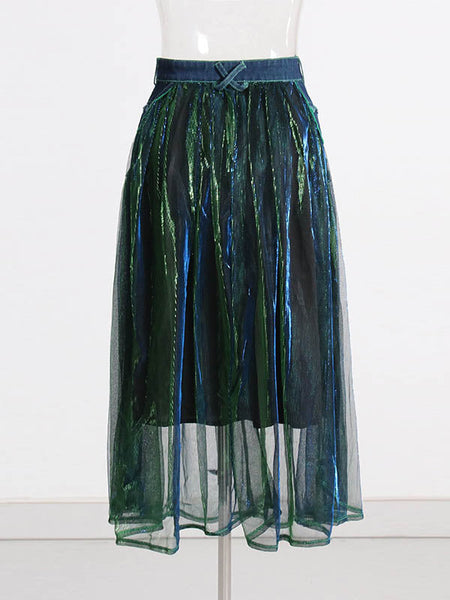 Denim Shiny Waisted Skirt A-Line Green Belted Chic High Tulle FashionChic
