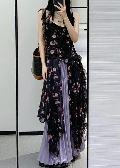 Bohemian Black Ruffled Print Chiffon Two-Piece Set Sleeveless QP030 OL-TPIEC241001