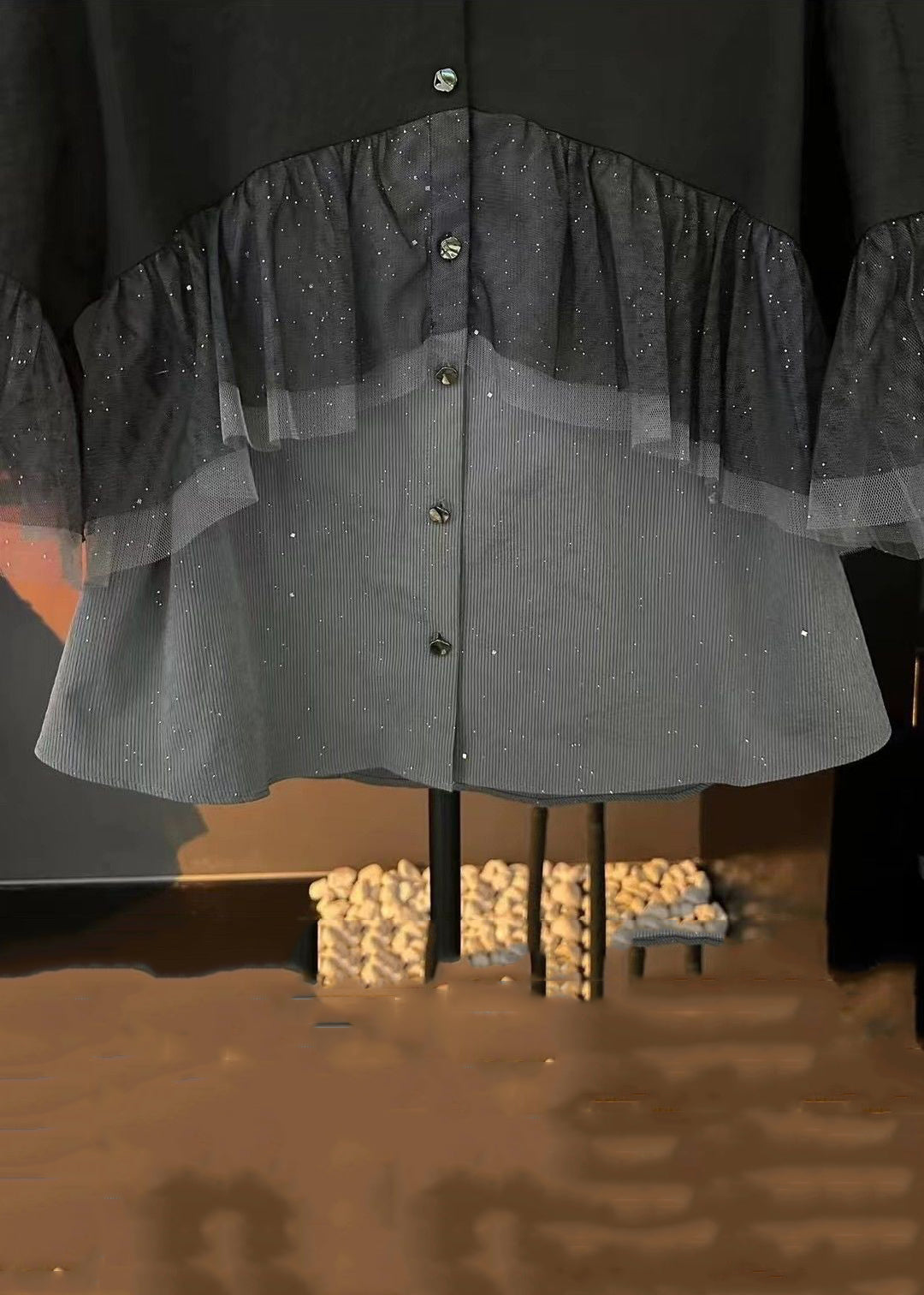 French Black Wrinkled Button Tulle Patchwork Shirt Summer NN042 shopify