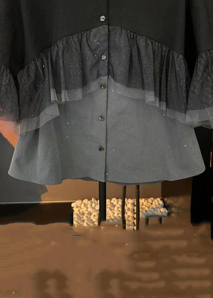 French Black Wrinkled Button Tulle Patchwork Shirt Summer NN042 shopify
