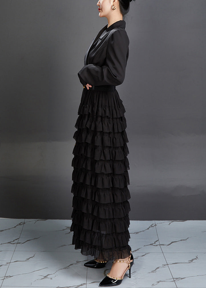 New Black Notched Ruffled Spandex Long Dresses Fall AJ1019 JDML-240909