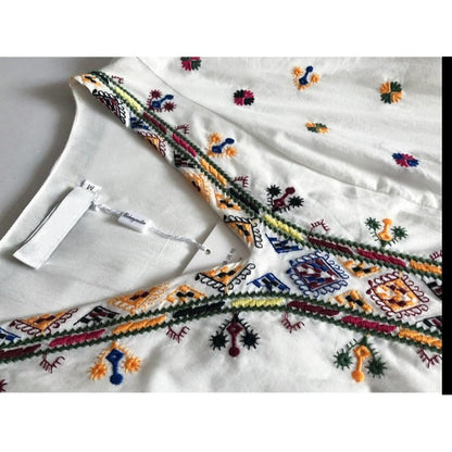 Boho White V-neck Floral Embroidery Lace-up Three-quarter Sleeves Dress AR1020 shopify