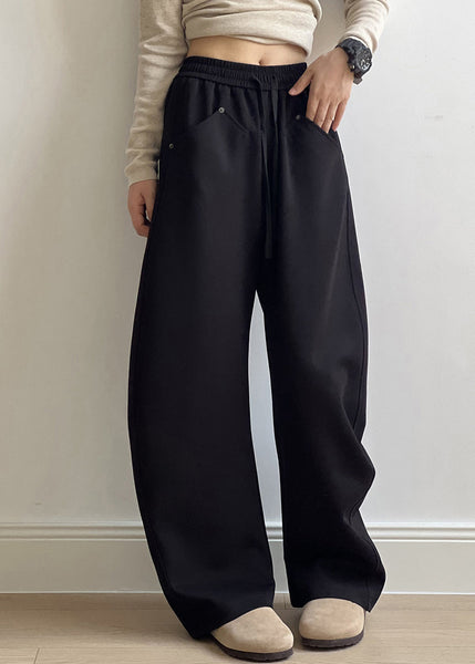 Black Pockets Cotton Pants Drawstring Elastic Waist Fall AF1071 HS-LPTS240914