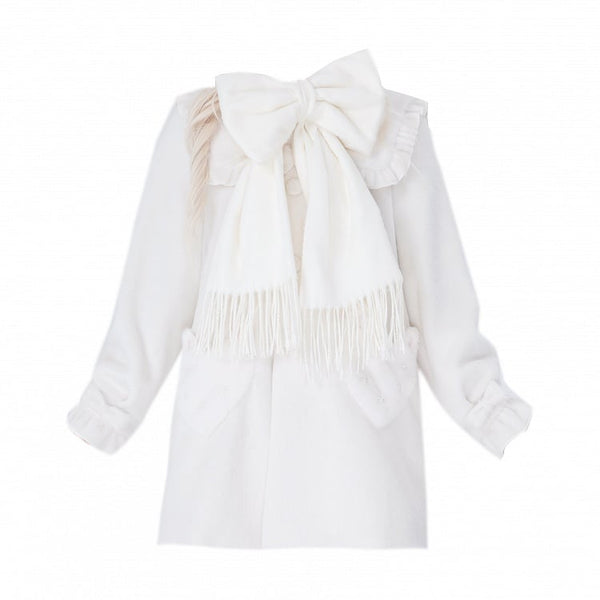 Winter + Heart-Shaped with and Sweet Collar Lolita White Bow Ruffled Pockets Scarf Coat FashionChic