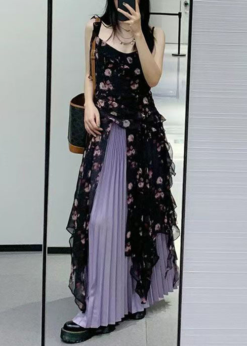 Bohemian Black Ruffled Print Chiffon Two-Piece Set Sleeveless QP030 OL-TPIEC241001