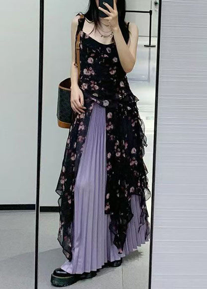 Bohemian Black Ruffled Print Chiffon Two-Piece Set Sleeveless QP030 OL-TPIEC241001