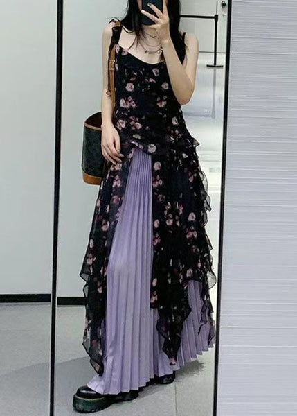 Bohemian Black Ruffled Print Chiffon Two-Piece Set Sleeveless QP030 OL-TPIEC241001