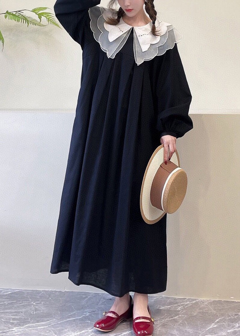 Black Pockets Cotton Dress Peter Pan Collar Long Sleeve NN043 shopify