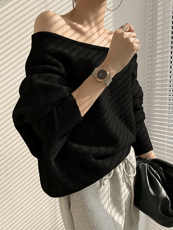 Casual White Off-The-Shoulder Long Sleeves Asymmetric Hem Sweater QX007 shopify